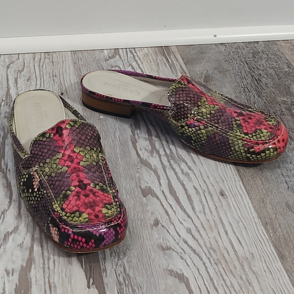 SESTO MEUCCI Womens 8.5 Mules Multicolor Patent Leather Snake Skin Print